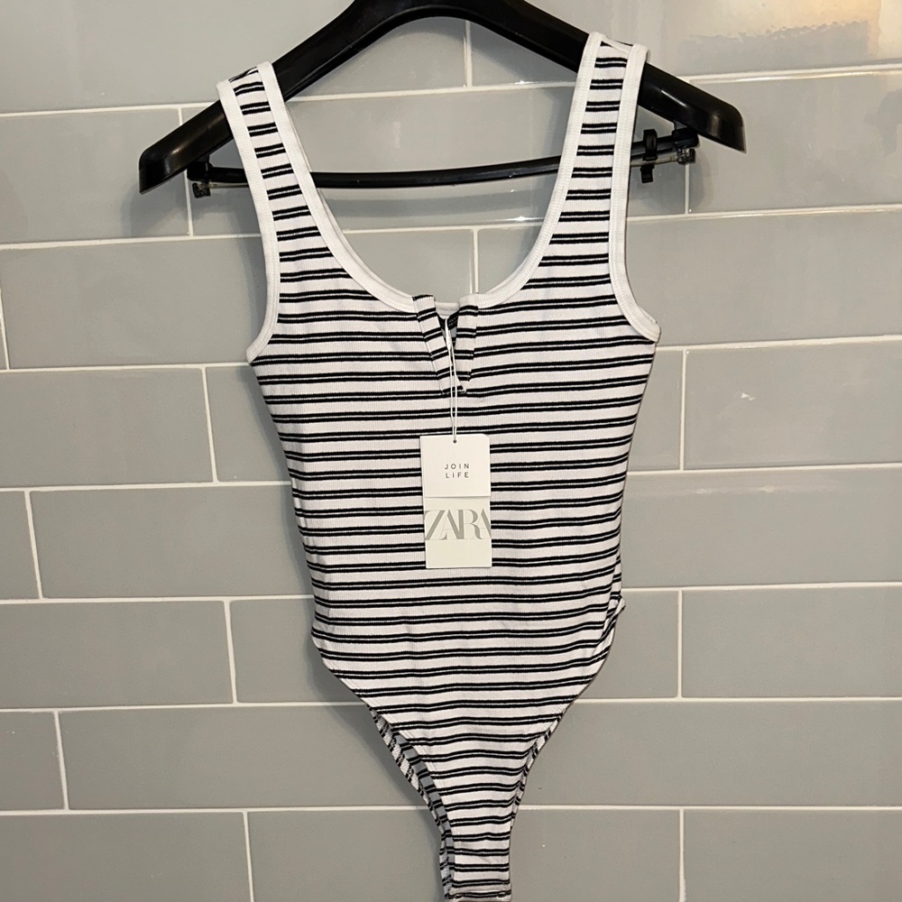 NWT Zara Black and White Striped Bodysuit